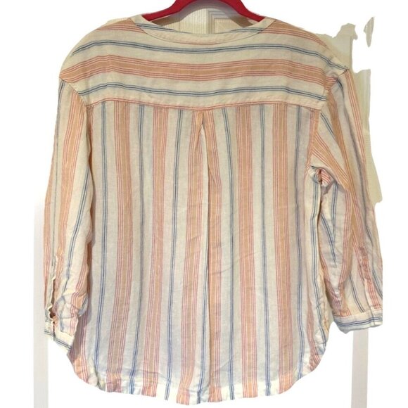 LL Bean Striped Top V Neck 3/4 Sleeve Womens Blouse Button Detail M Linen - Picture 4 of 9